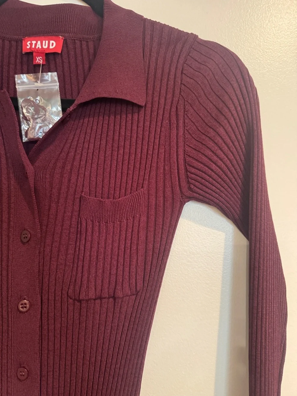 STAUD Ribbed Button-Front Midi Dress - Deep Burgundy - Picture 3 of 4
